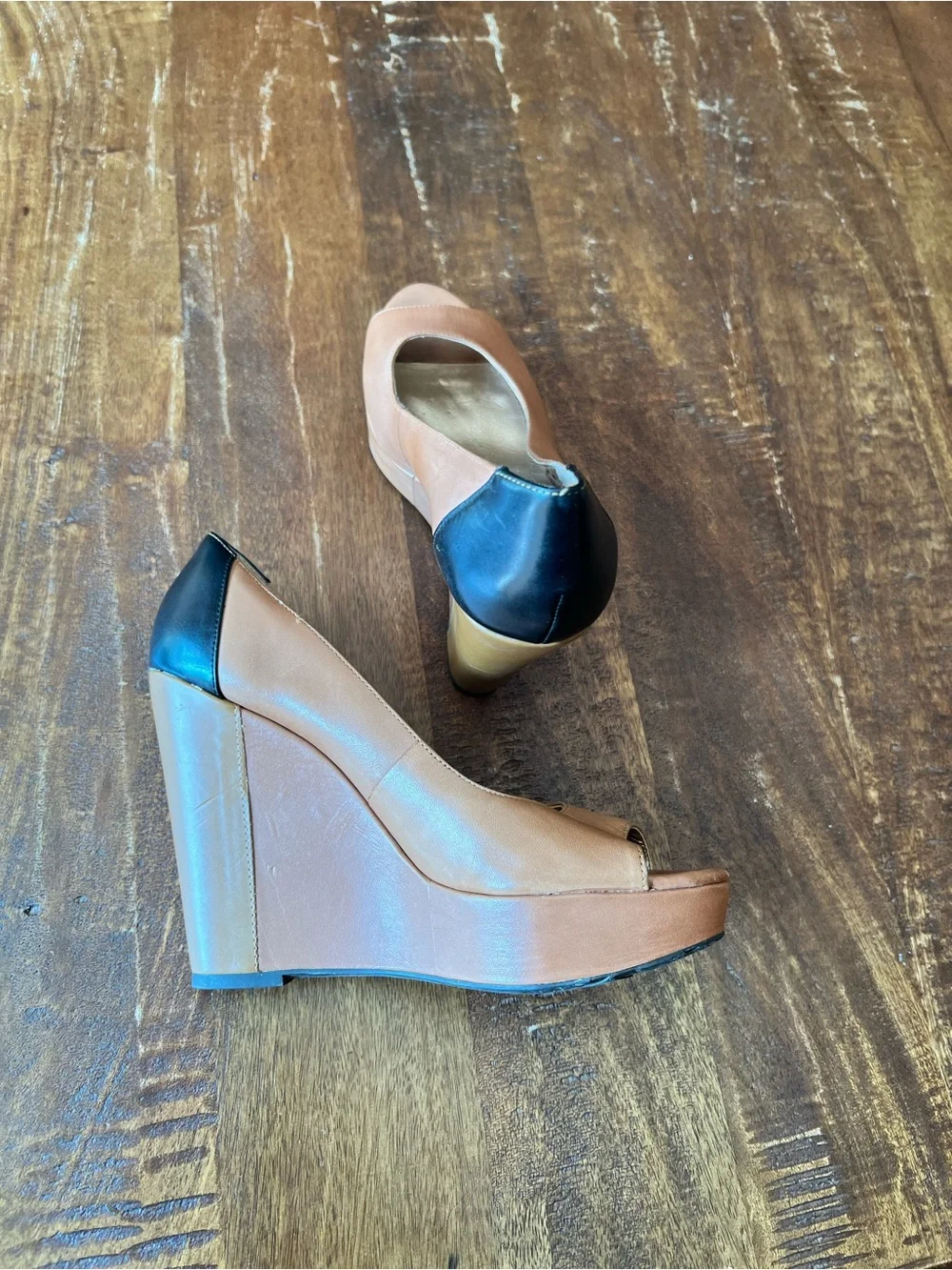 J.Renee Tan and Navy Peep-Toe Wedge Heels